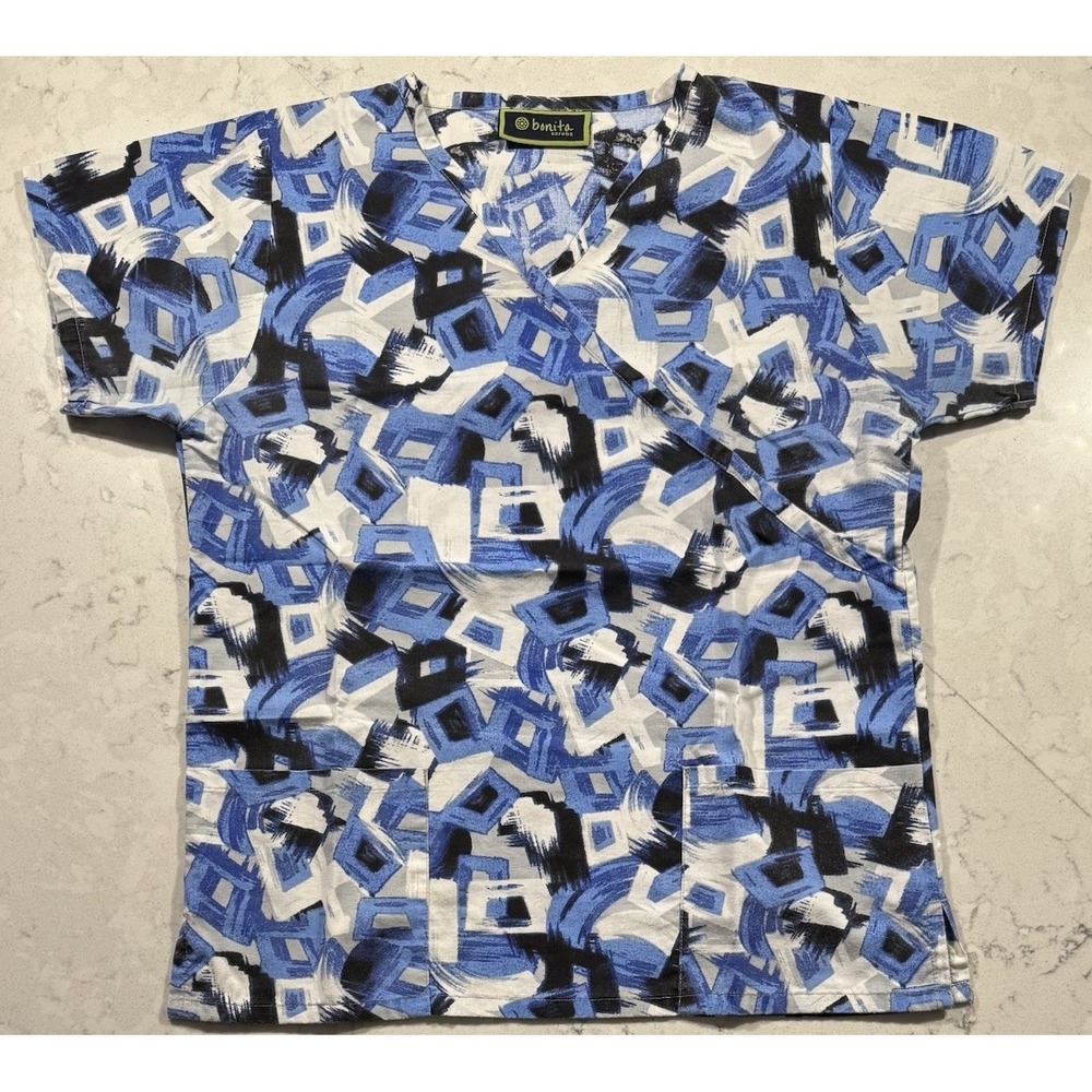 Bonita Scrubs Top Womens Large Blue Abstract Geometric V Neck Medical Workwear